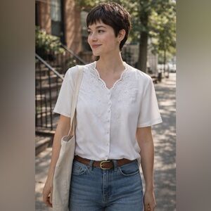 Vintage Floral Embroidered Blouse L Button Up Beaded Eyelet Scalloped Neckline